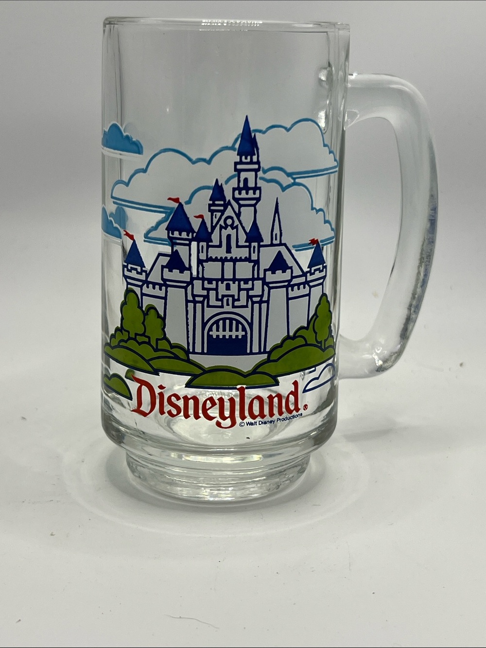 Vintage 1980’s Disneyland Clear Glass Castle Mug with Blue, Green, Red Accents